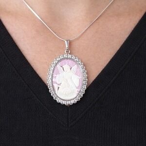Vintage Angel Cameo Pendant Necklace Pink Relief Silver Tone Oval